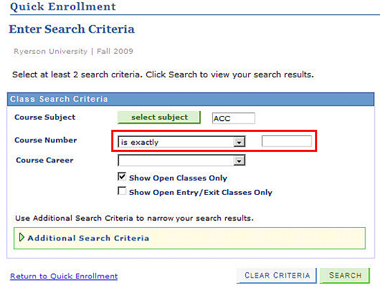 Enter Search Criteria window with box to select Course Number filter and enter number