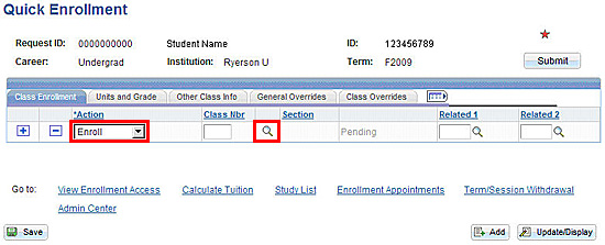 Quick Enrolment page with Action drop down menu and option to search for the Course Number