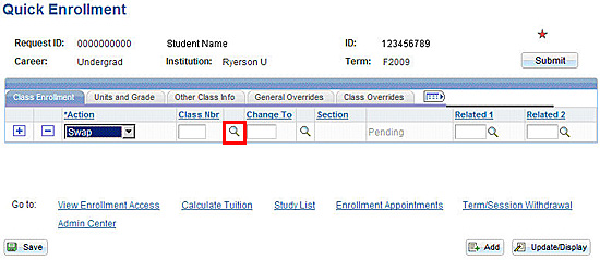 Quick Enrolment page with Swap selected in Action drop down menu