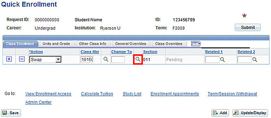 Quick Enrolment page with option to search for the Course Number
