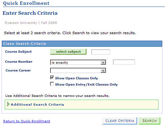 Enter Search Criteria window with options to include Course Subject. Number, and Career