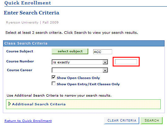 Enter Search Criteria window with box to enter Course Number