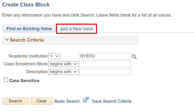 Add a New Value tab on Create Class Block page.