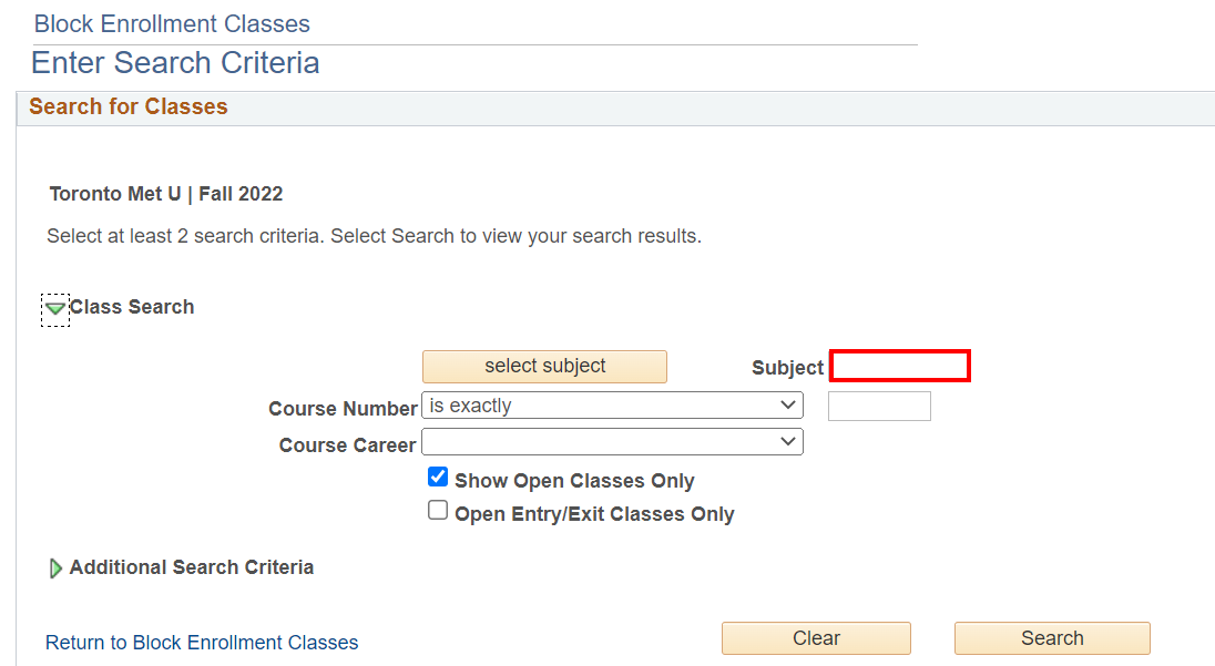 Enter Search Criteria window with box to enter Subject