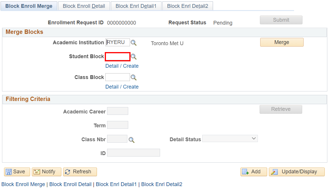 Block Enrol Merge tab with Student Block identifier box