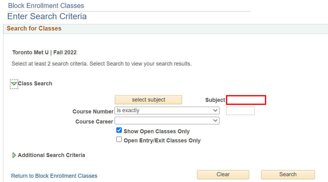 Enter Search Criteria window with box to enter Course Subject
