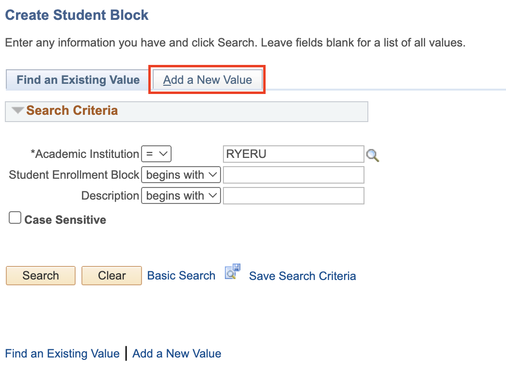 Add a New Value tab on Create Student Block page