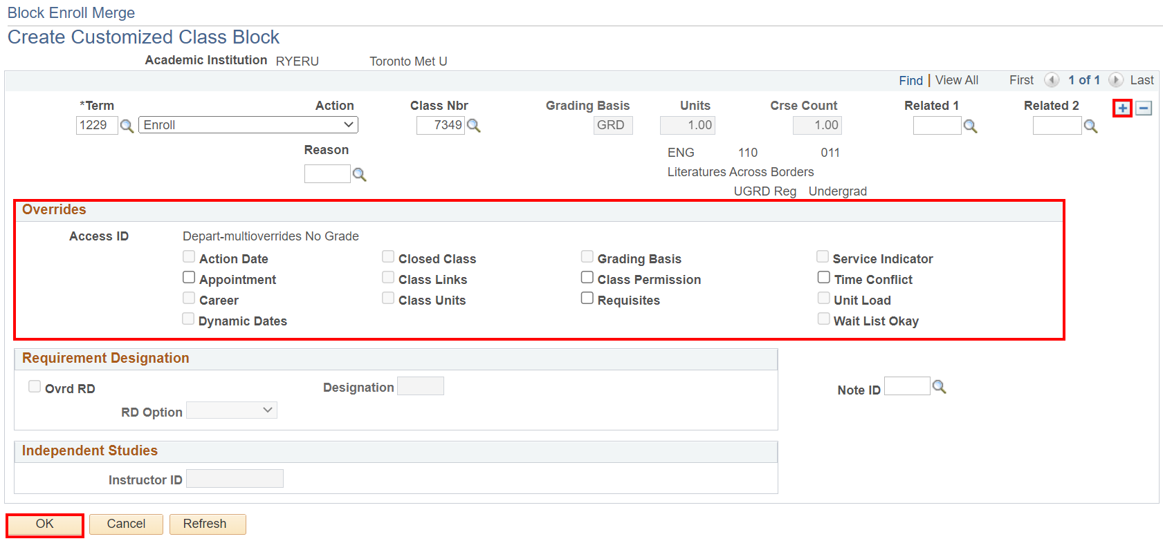 Overrides section with checkbox options on Create Customized Class Block page