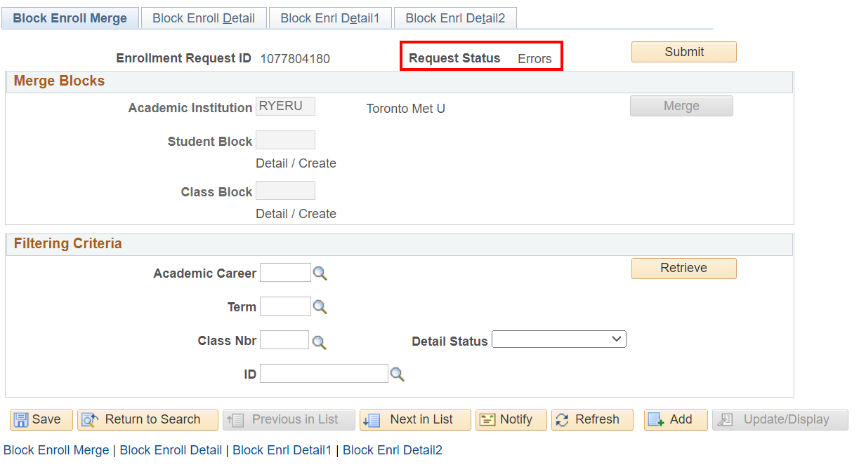 Request Status under Block Enrol Merge tab showing an error
