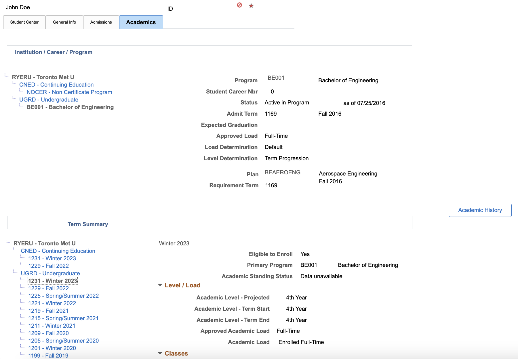 Academics tab within Admin Center includes sections for Institution/Career/Program and Term Summary.