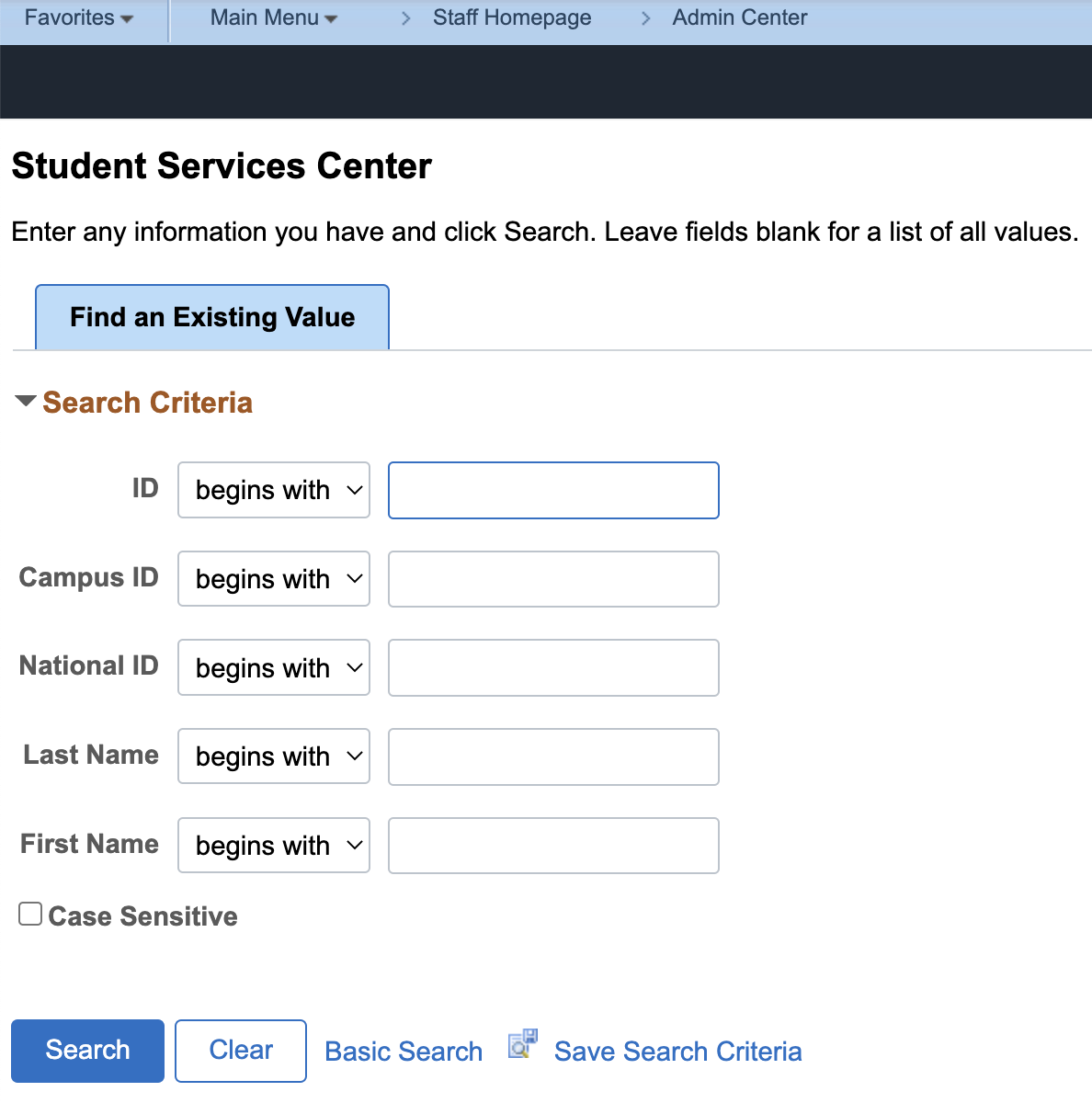 Search Criteria includes: ID, Campus ID, National ID, Last Name, and First Name.