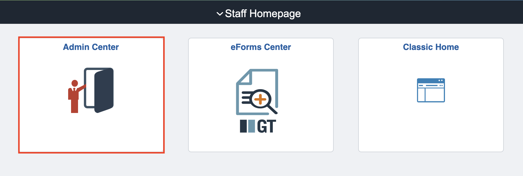 Admin Center tile under the Staff Homepage