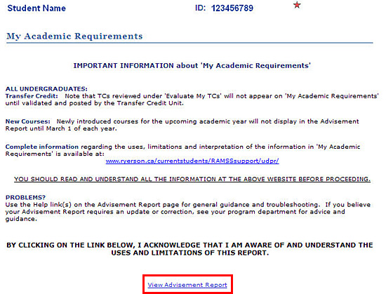 My Academic Requirements page with link to View Advisement Report