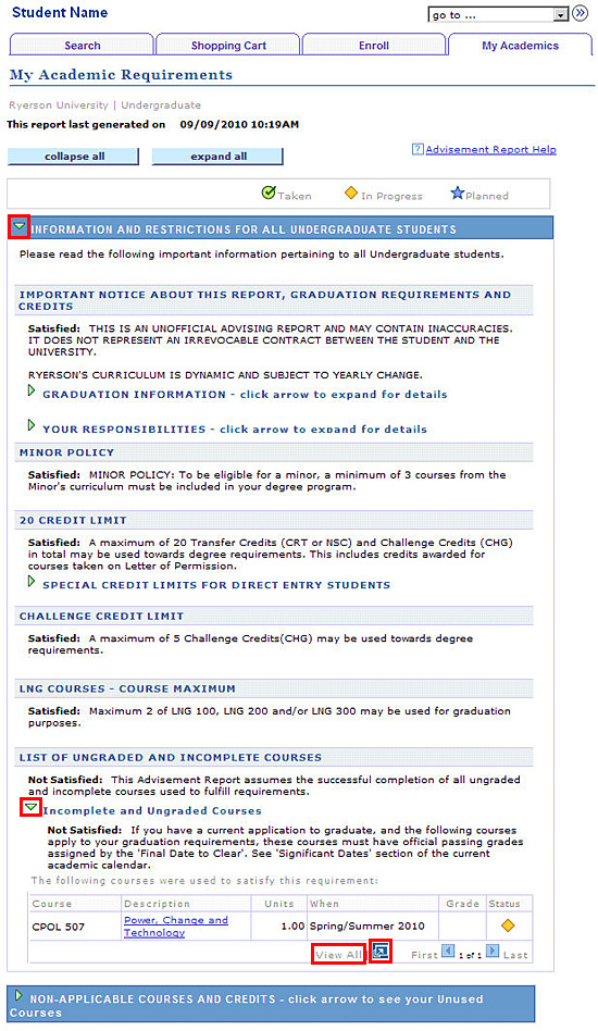 Advisement Report displaying Information and Restrictions for all Undergraduate Students