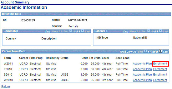 Academic Information page with link to student's term Enrolment summary 