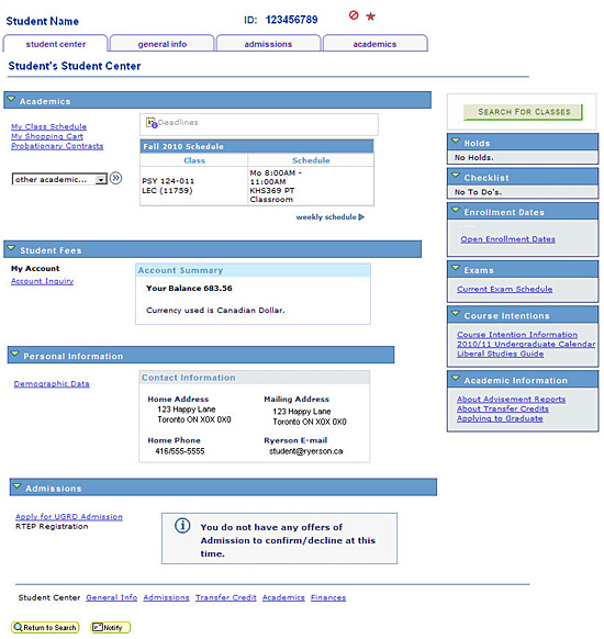 Student Center page showing student's schedule, Account Summary, Contact Information and Admissions