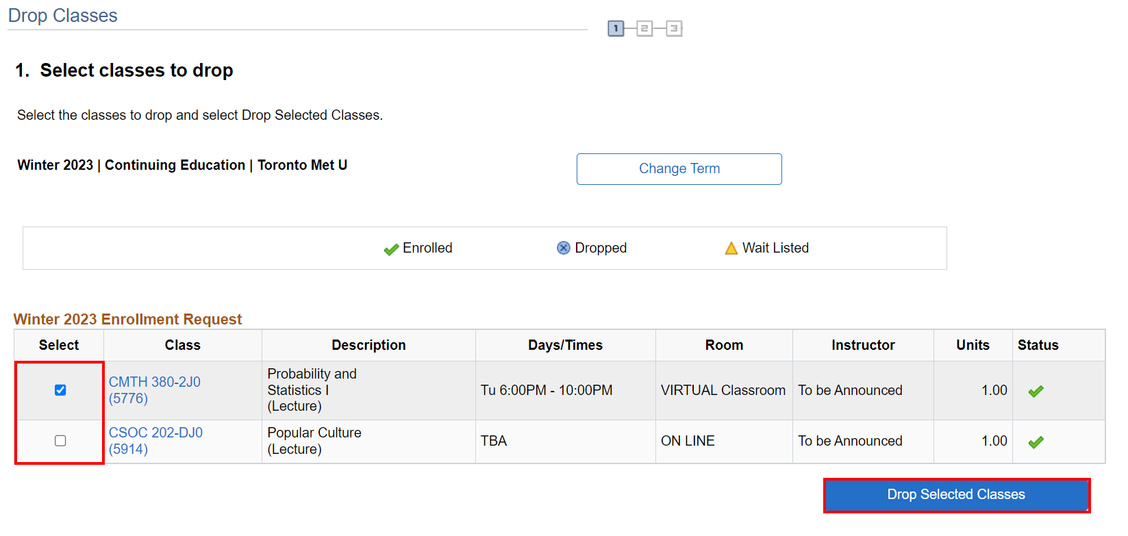 Checklist of classes to drop in Winter term and the 'Drop Selected Classes' button highlighted