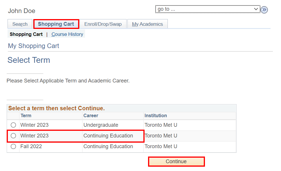 Term selection and 'Continue' button highlighted within Shopping Cart section