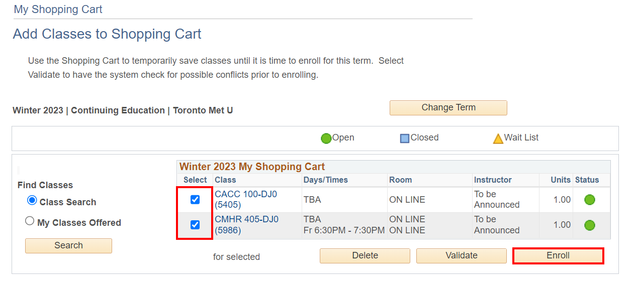 List of courses in Shopping Cart with checkboxes to select and Enrol button