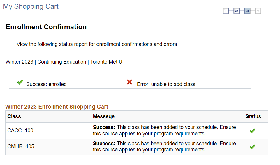 Enrolment confirmation page with success/error message