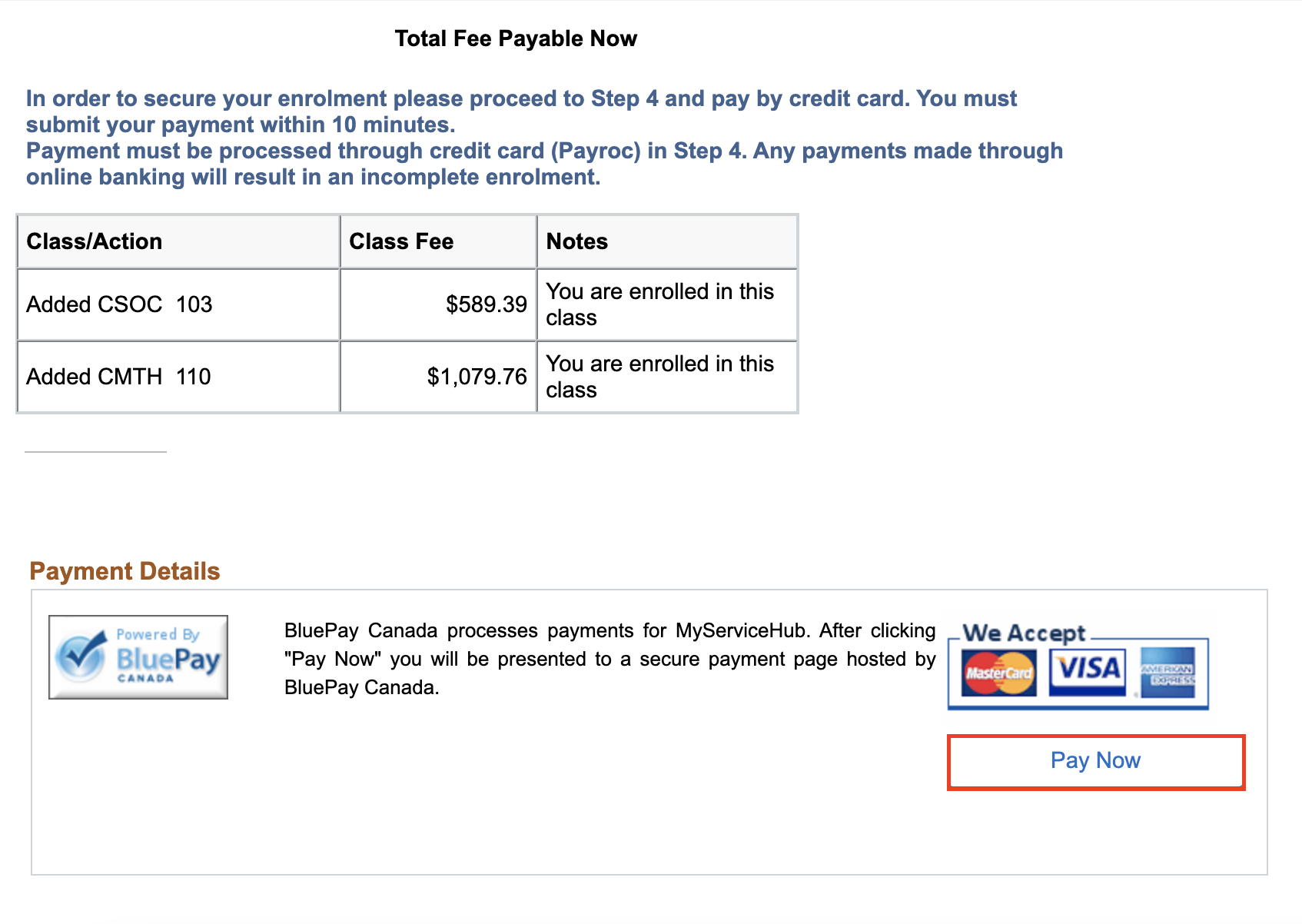 Total Fee Payable Now section with list of classes, class fees and Pay Now button