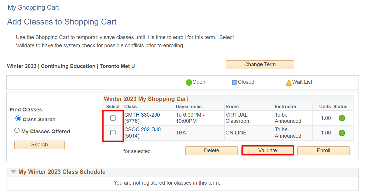 Checklist of courses to select in Shopping Cart and Validate button