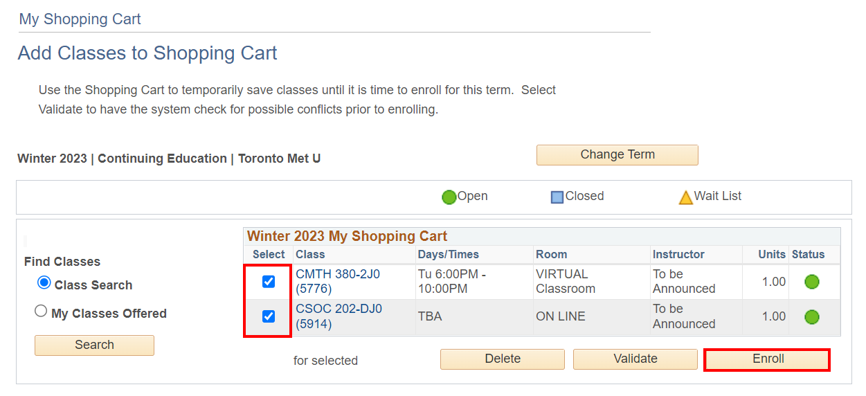 List of courses in Shopping Cart with checkboxes to select and 'Enrol' button highlighted