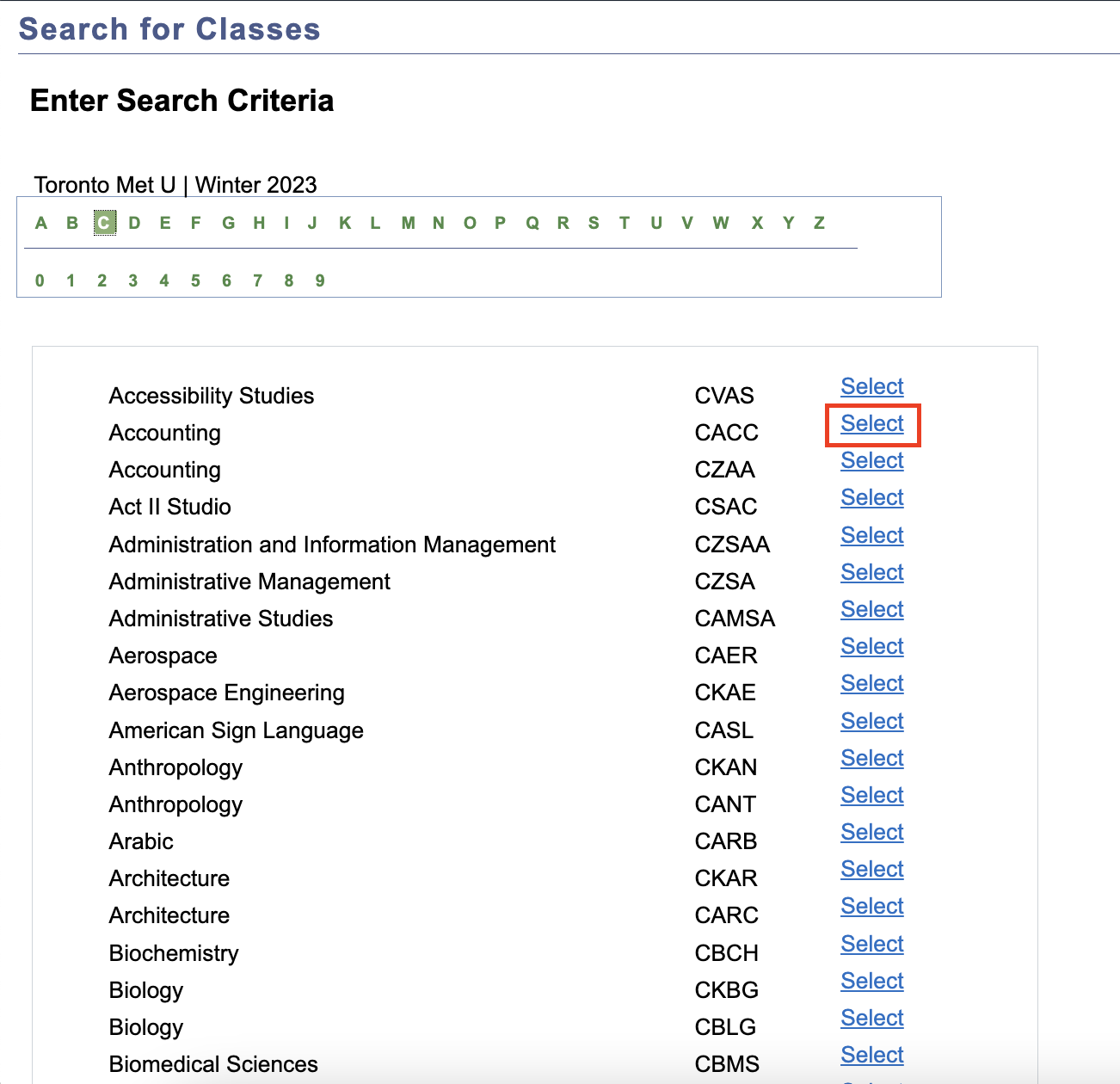 List of course subjects and their course code with a 'Select' button highlighted