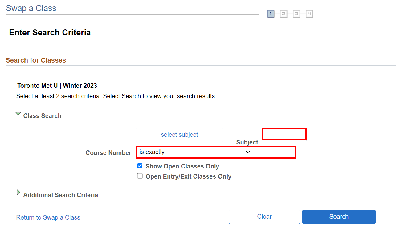 Subject, Course Number and Additional Search Criteria options within Enter Search Criteria section