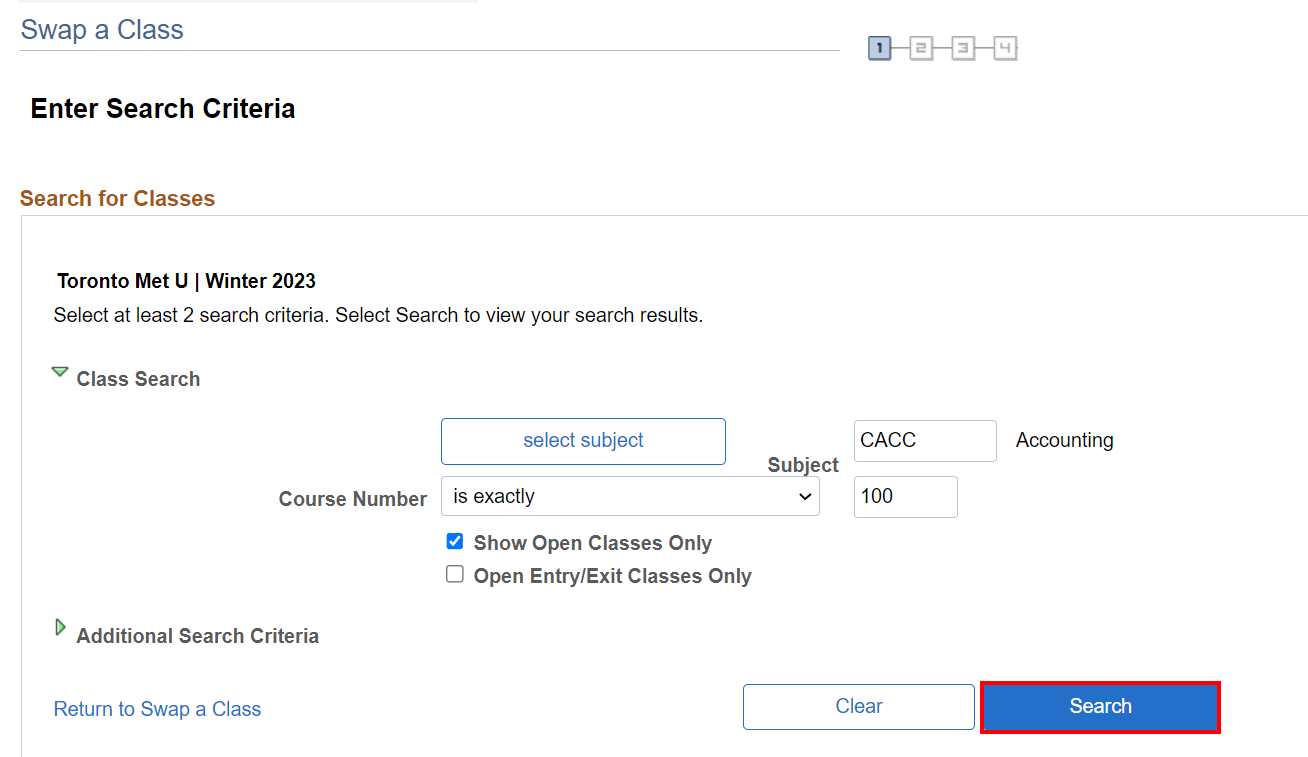 Enter Search Criteria example with search criteria options entered and Search button highlighted