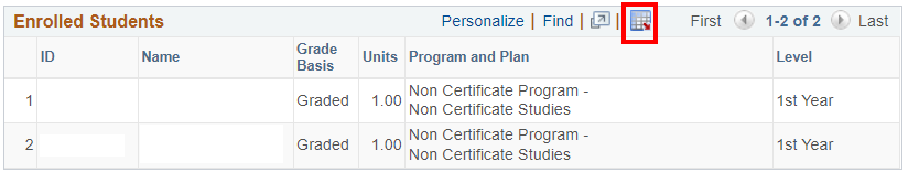 Download button icon highlighted on blue bar in Enrolled Students section