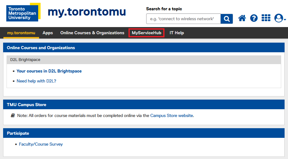 my.torontomu.ca home page with MyServiceHub tab