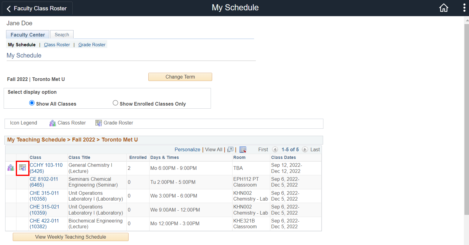 Faculty Center tab with Teaching Schedule and Grade Roster links