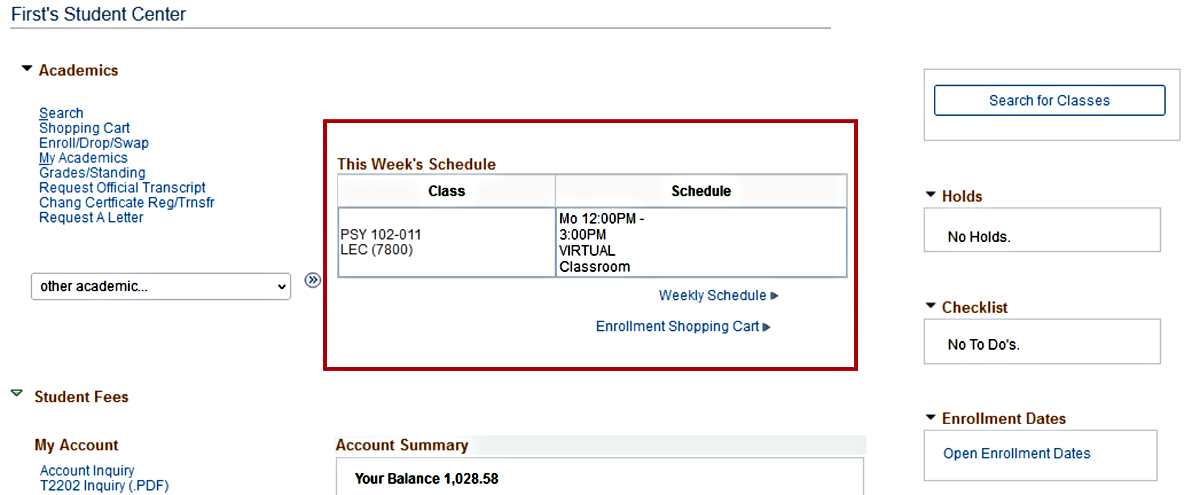 Schedule of classes highlighted on the Academics section of RAMSS