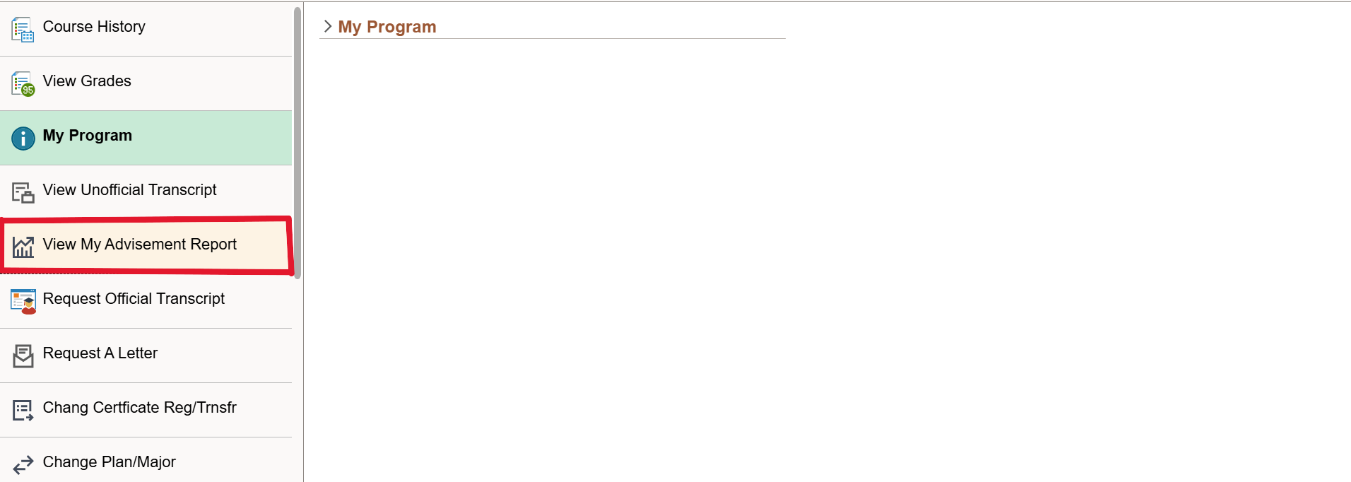 View My Advisement Report menu item on Academic Records page.