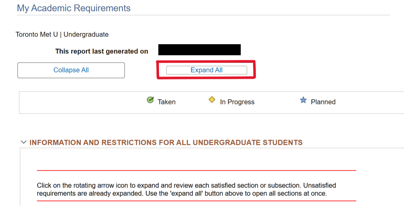 Expand All button on My Academic Requirements page.