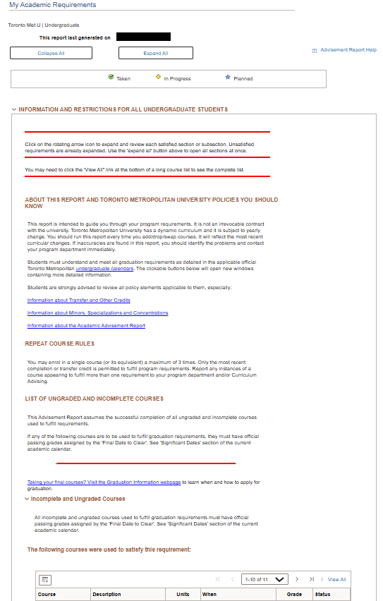 Expanded view of Advisement Report includes information about the report, TMU policies, repeat course rules, and a list of ungraded and incomplete courses. 