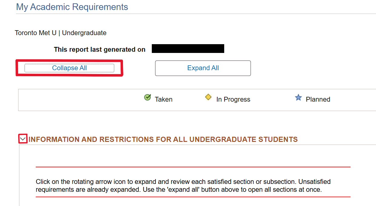 Collapse All button on My Academic Requirements page.