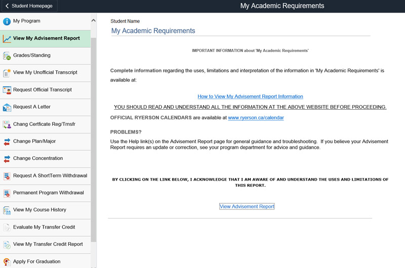 View My Advisement Report link on My Academic Requirements page