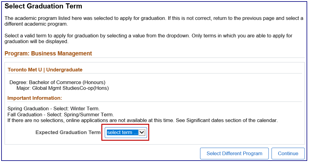Select a Graduation Term page with drop-down menu for Expected Graduation Term.
