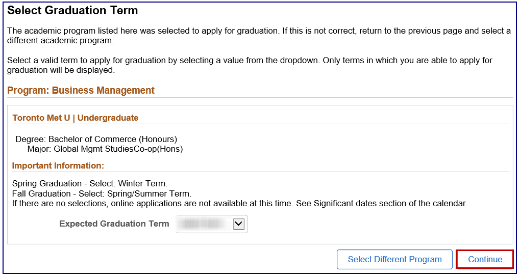 Select a Graduation Term page with continue button highlighted in the bottom right of the screen.