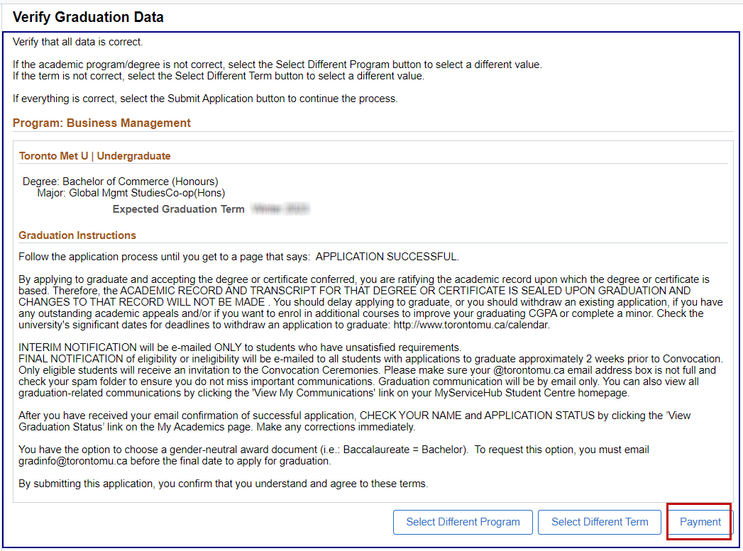 Verify Graduation Data page with Payment button highlighted at the bottom right of the screen.