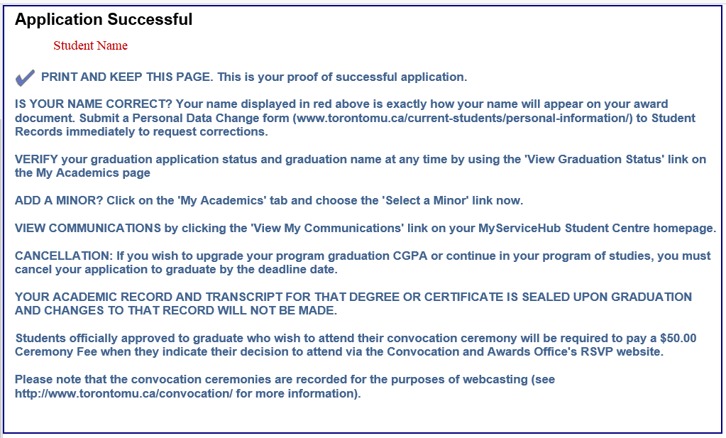 Application Successful screen includes student name and instructions to verify your graduation application status and other next steps.