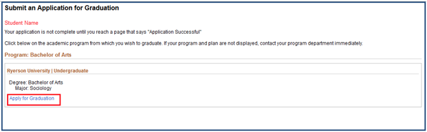 Submit an Application for Graduation page with Apply for Graduation link