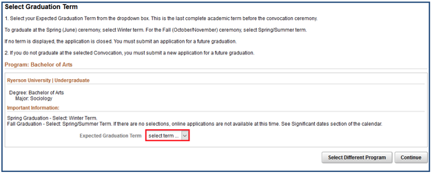 Select Graduation Term page with Select Term drop-down menu