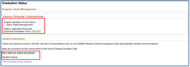 Graduation Status page with student information