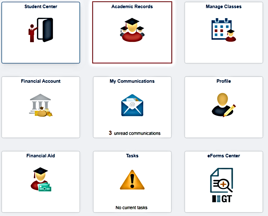 Highlighted 'Academic Records' tile in student homepage menu in RAMSS