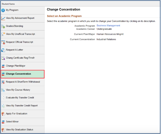 Change Concentration menu option highlighted in Academics menu in RAMSS