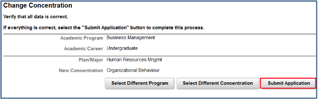 Change Concentration page showing the new concentration listed, as well as the 'Select Program,' 'Select Different Concentration,' and 'Submit Application' buttons