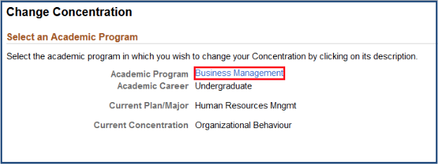 Selecting program on the Change Concentration page